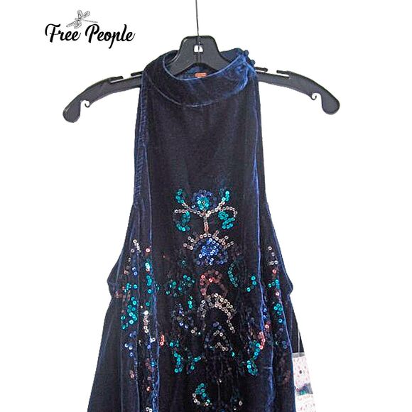 FREE PEOPLE NEW JILL Halter Embellished-Sequin Velour Swing Dress XS - Picture 2 of 12